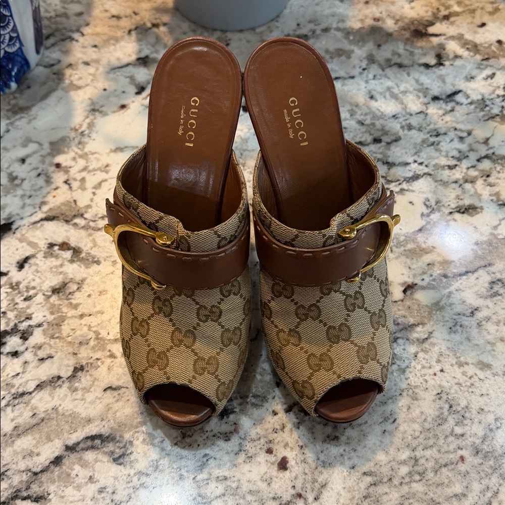 Gucci Tan and Brown Monogram Mules - Picture 2 of 4